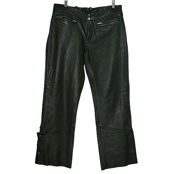 POWER TRIP Leather Pants Moto Style Snap‎ Cuff Detail Black Trousers Motorcycle - Picture 1 of 6